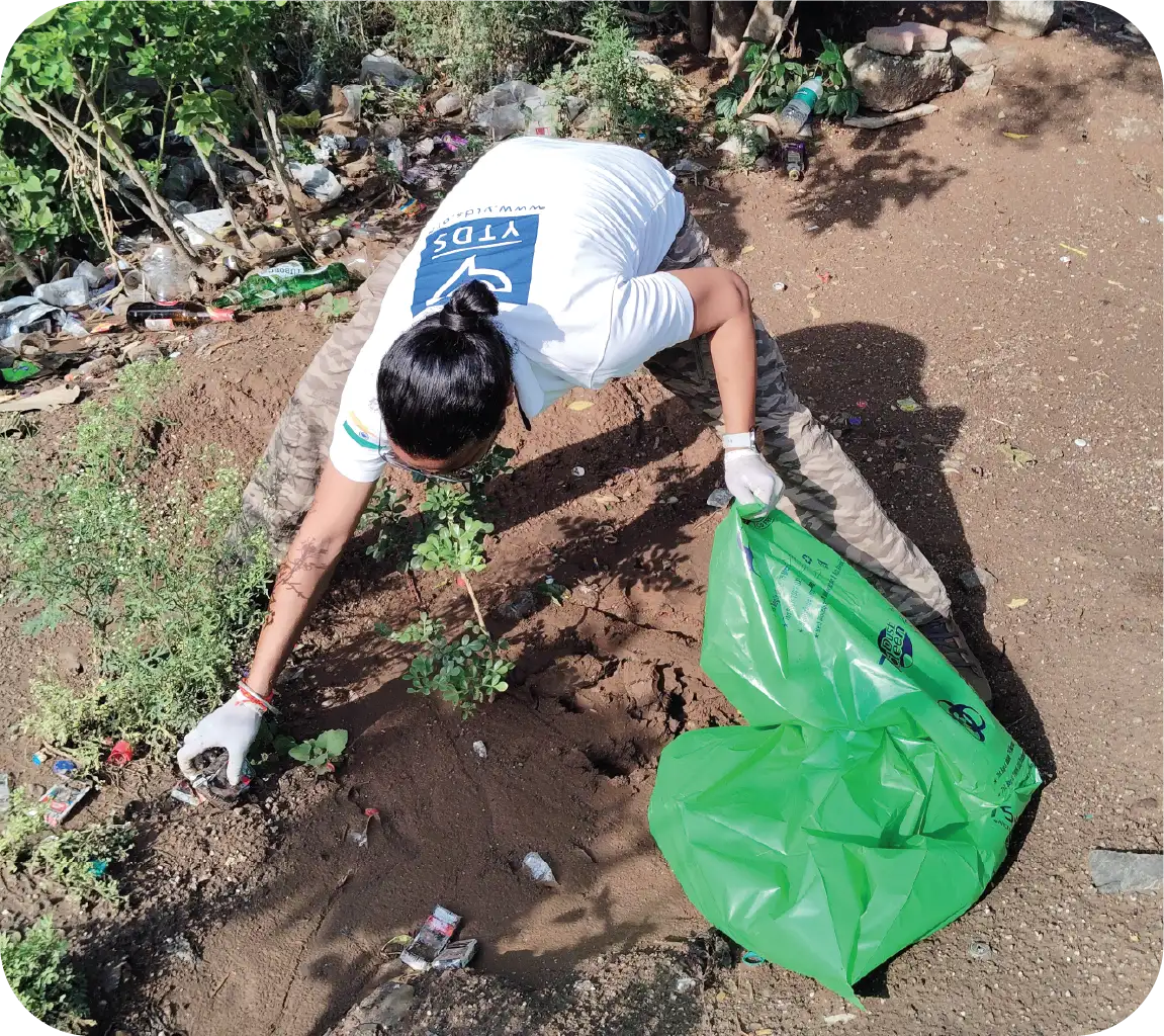Volunteers collecting trash and filling large green garbage bags during cleanup